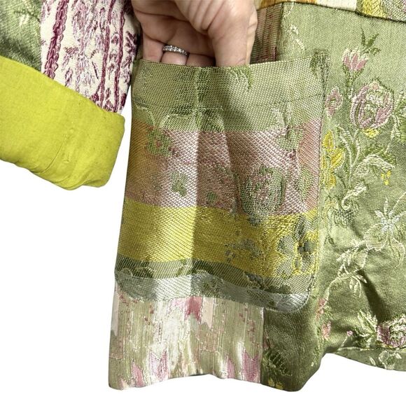 Amanda Smith Patchwork Satin Blazer Jacket Size M Green Crest Boho Lagenlook Y2K - Picture 3 of 8